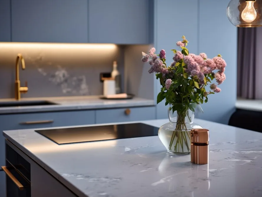 Styled kitchen with a marble island, brass faucet and fresh flowers