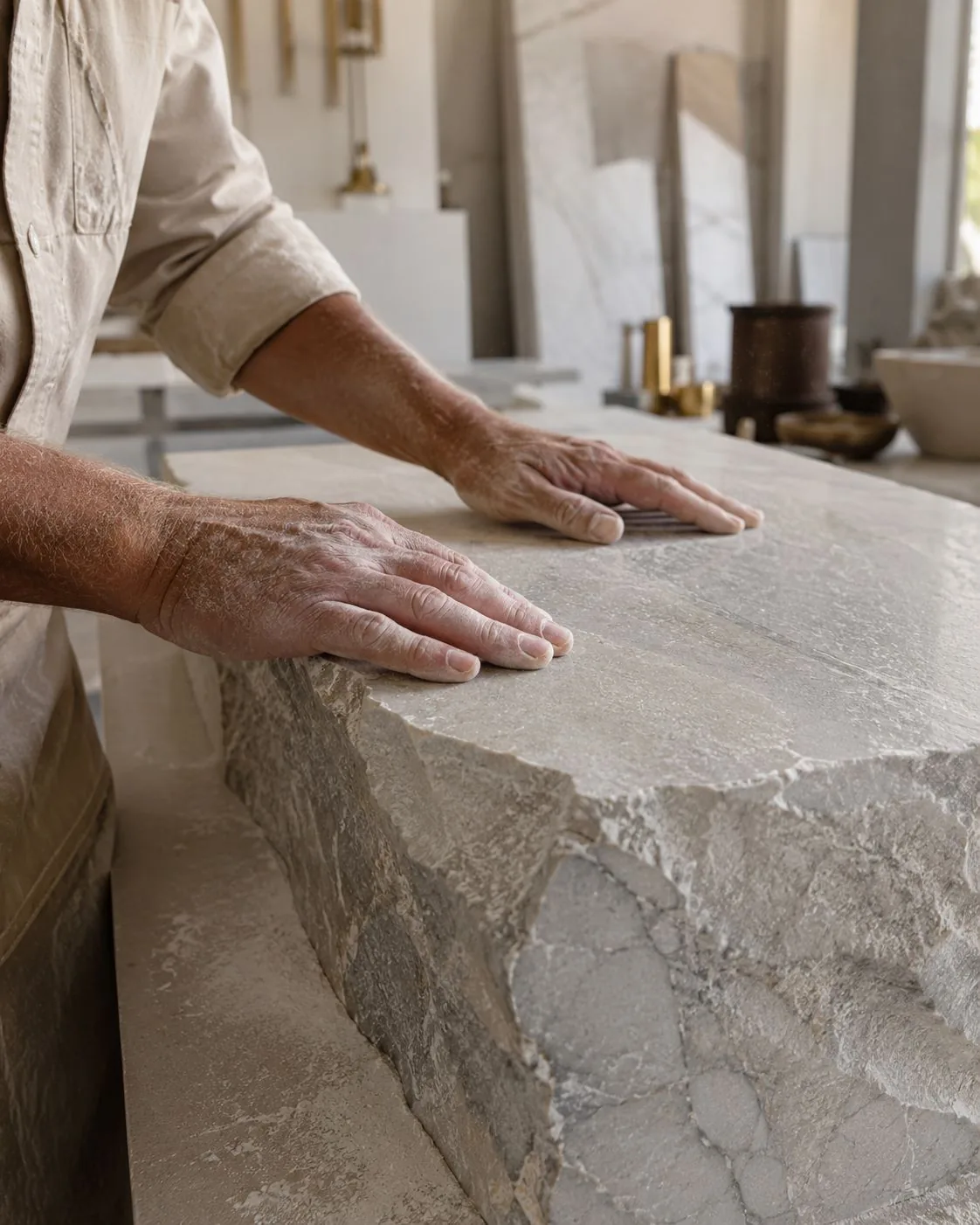 A stonemason's hands resting on the raw edge of a natural stone slab