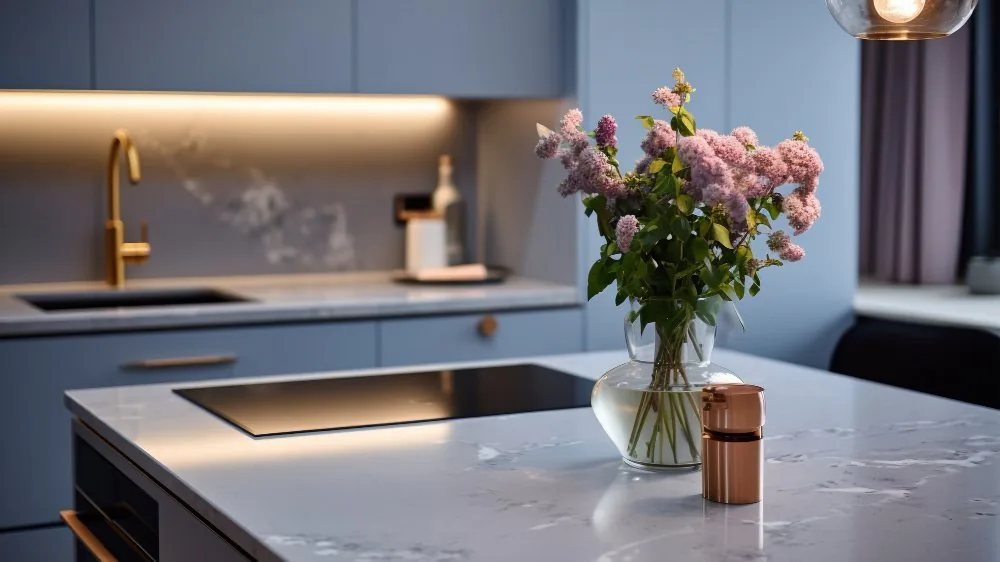Natural stone countertop detail in a finished kitchen