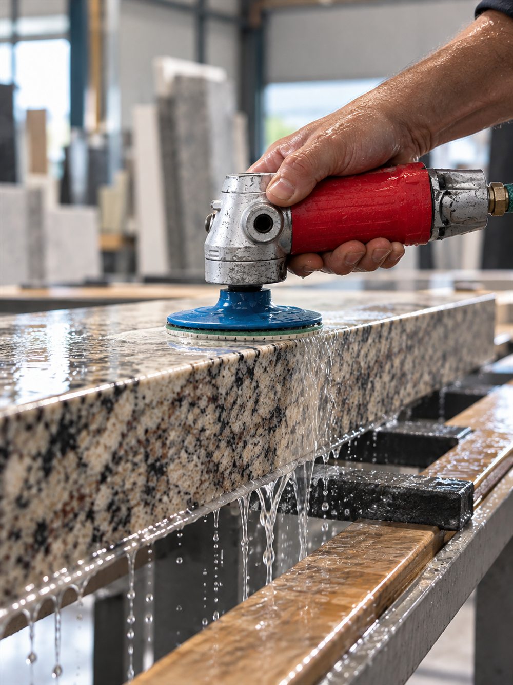 A fabricator wet-polishing the edge of a granite countertop in the Dover Stone shop