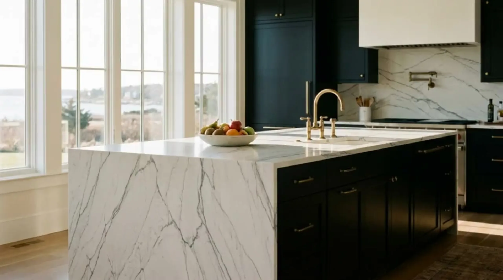 An ultra-luxury New England kitchen with a white quartzite waterfall island fabricated by Dover Stone