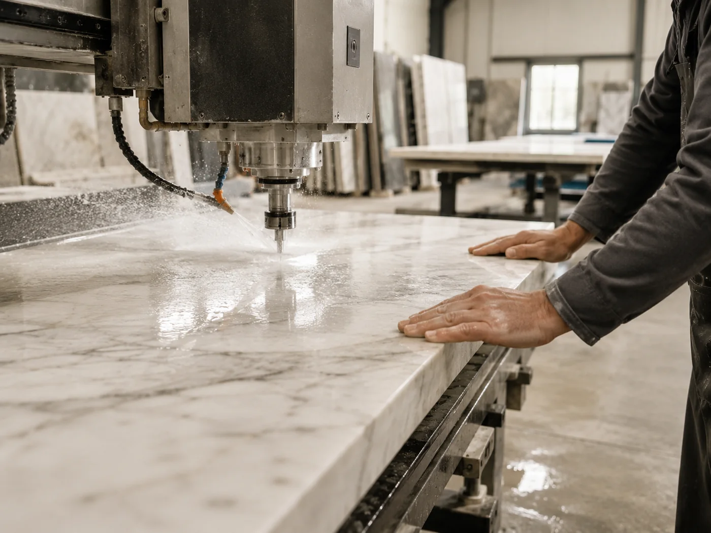 CNC machine fabricating a custom stone countertop in the Dover Stone workshop
