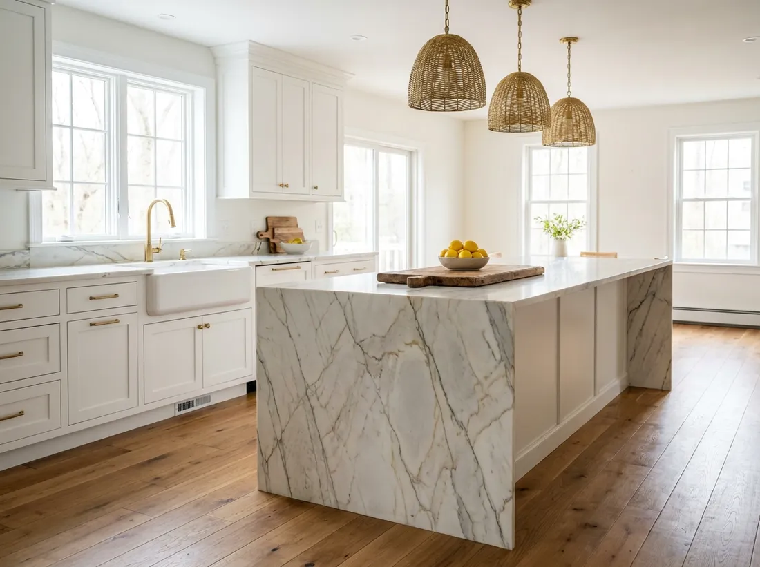Luxury kitchen with Calacatta quartzite waterfall island