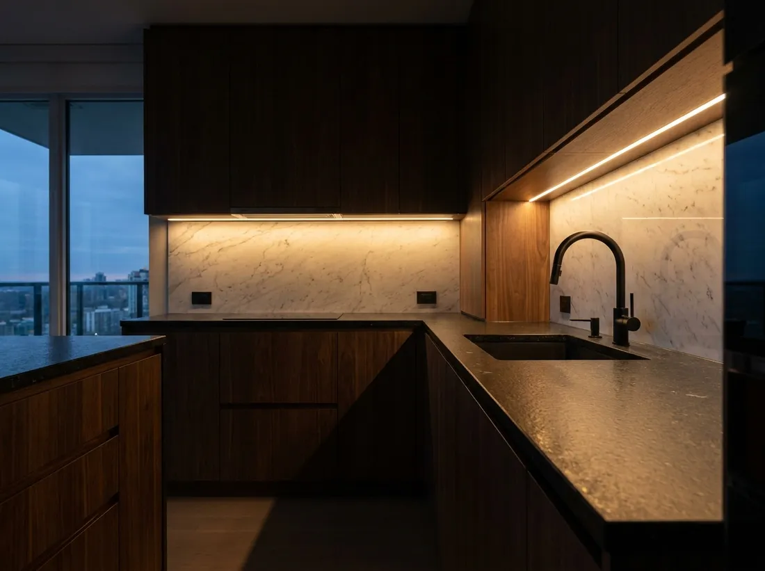 Moody kitchen with black leathered granite countertops
