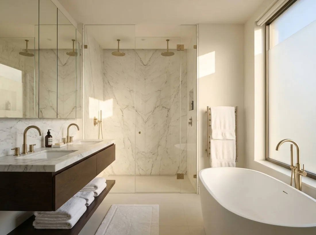 Spa bathroom with book-matched marble shower walls