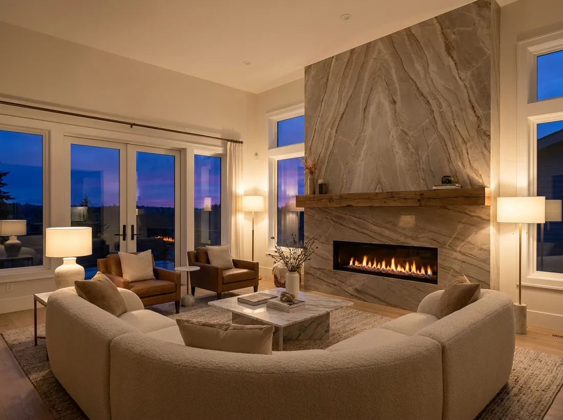 Floor-to-ceiling quartzite fireplace with linear fire