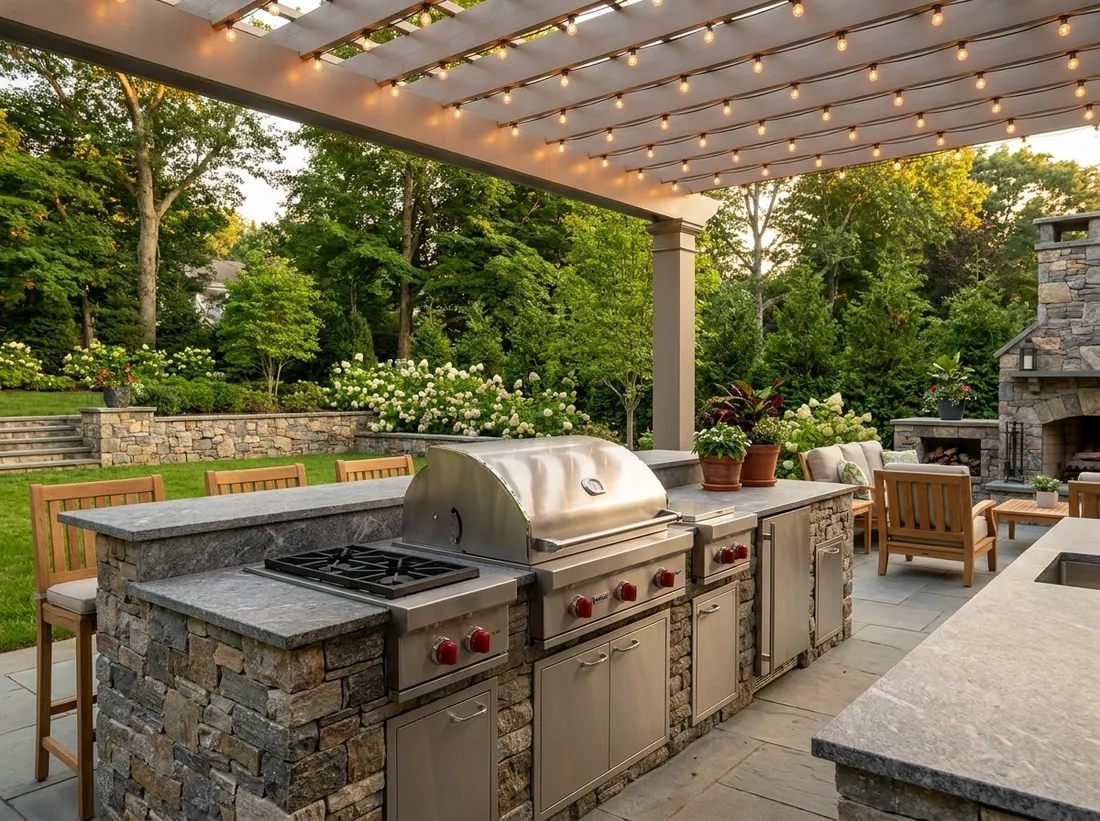 Outdoor kitchen with honed granite countertops