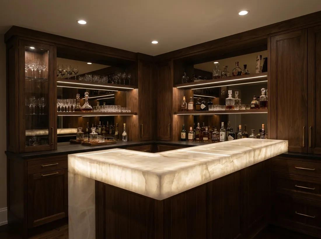 Backlit onyx home bar counter glowing warmly