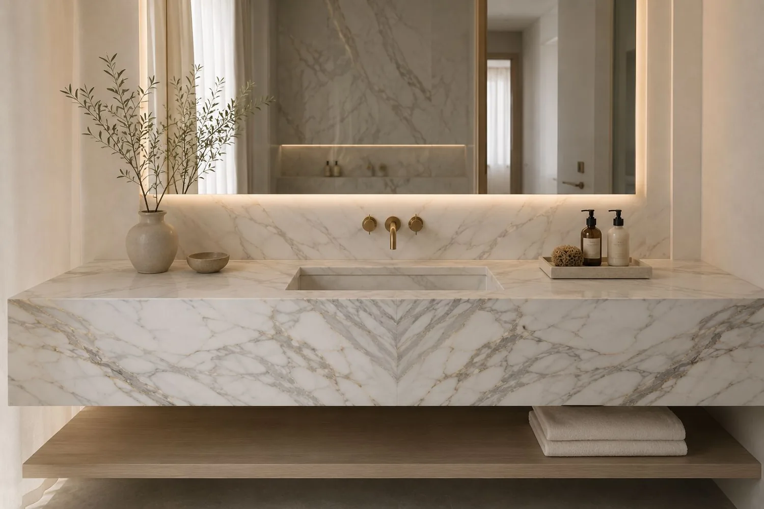 Floating marble vanity in a softly lit bathroom