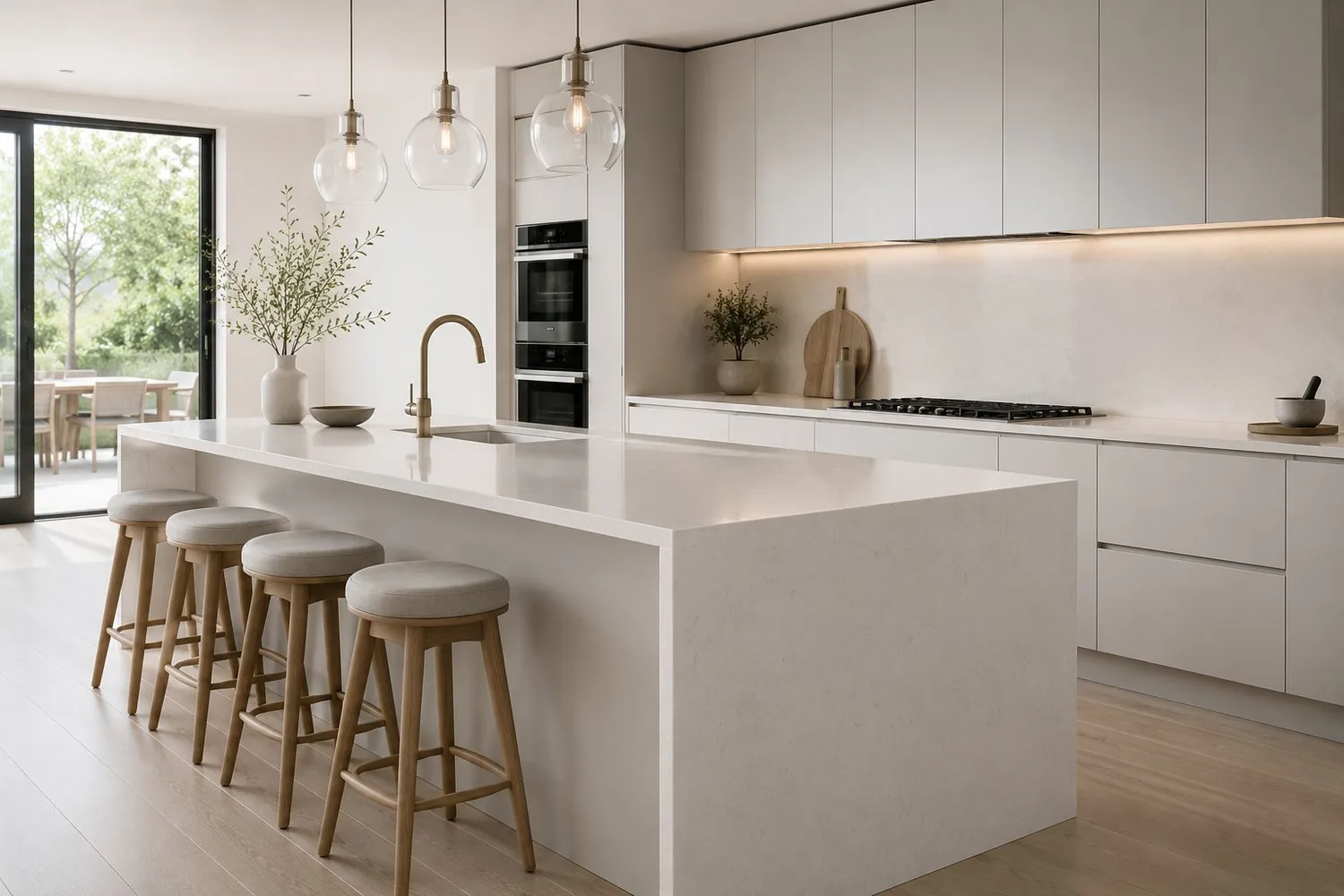 Bright white kitchen with a large stone island and pendant lights