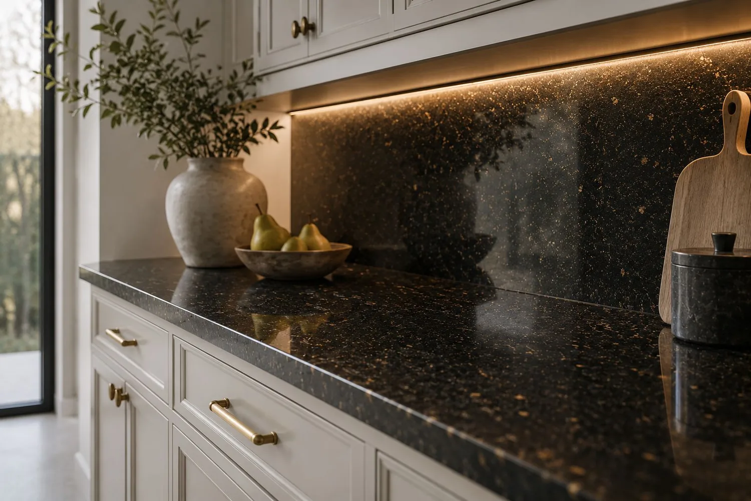 Dark granite feature backsplash with brass hardware