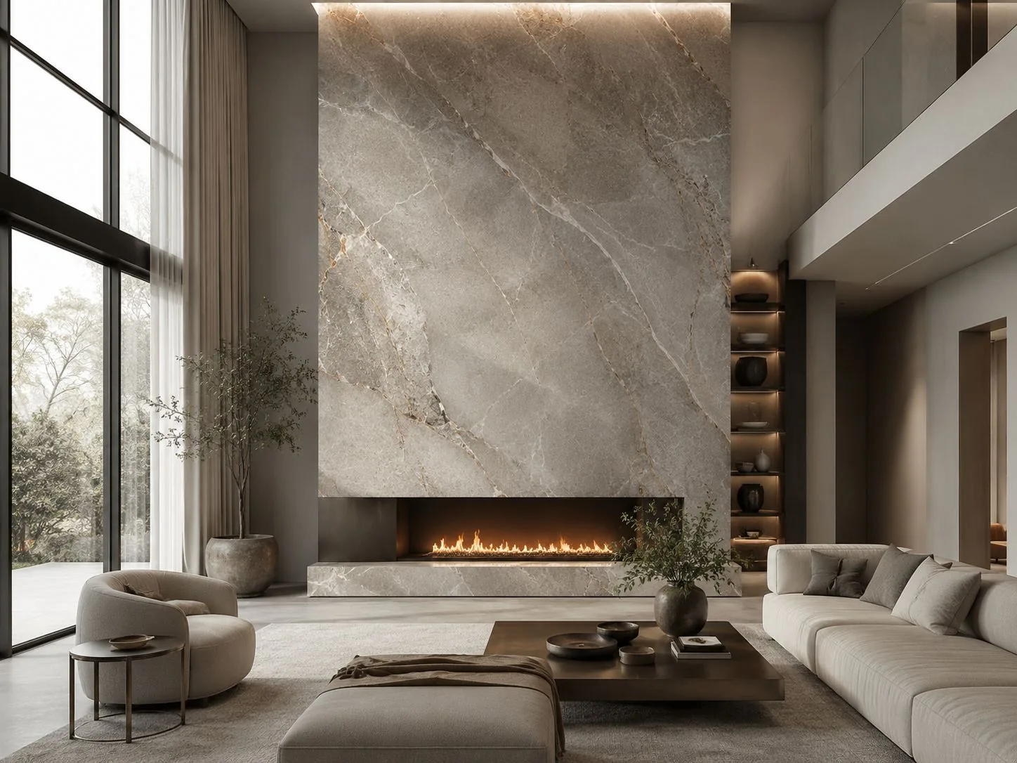 Stone fireplace surround from floor to ceiling in a living room