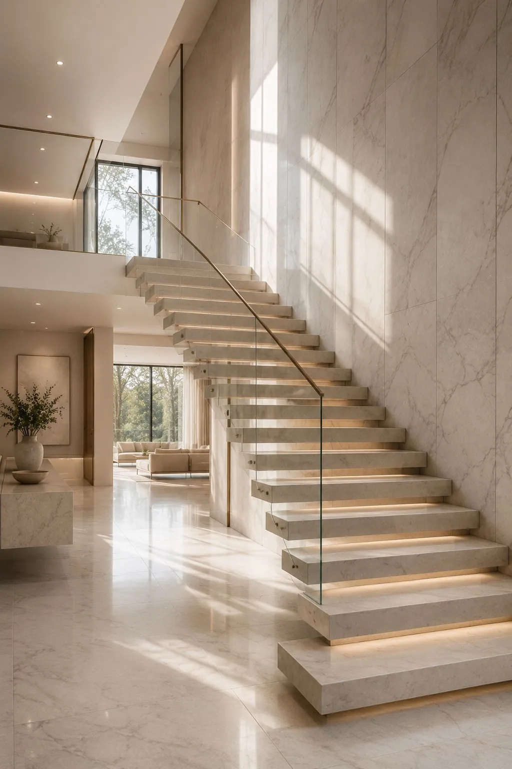 Floating stone staircase in a bright modern entry