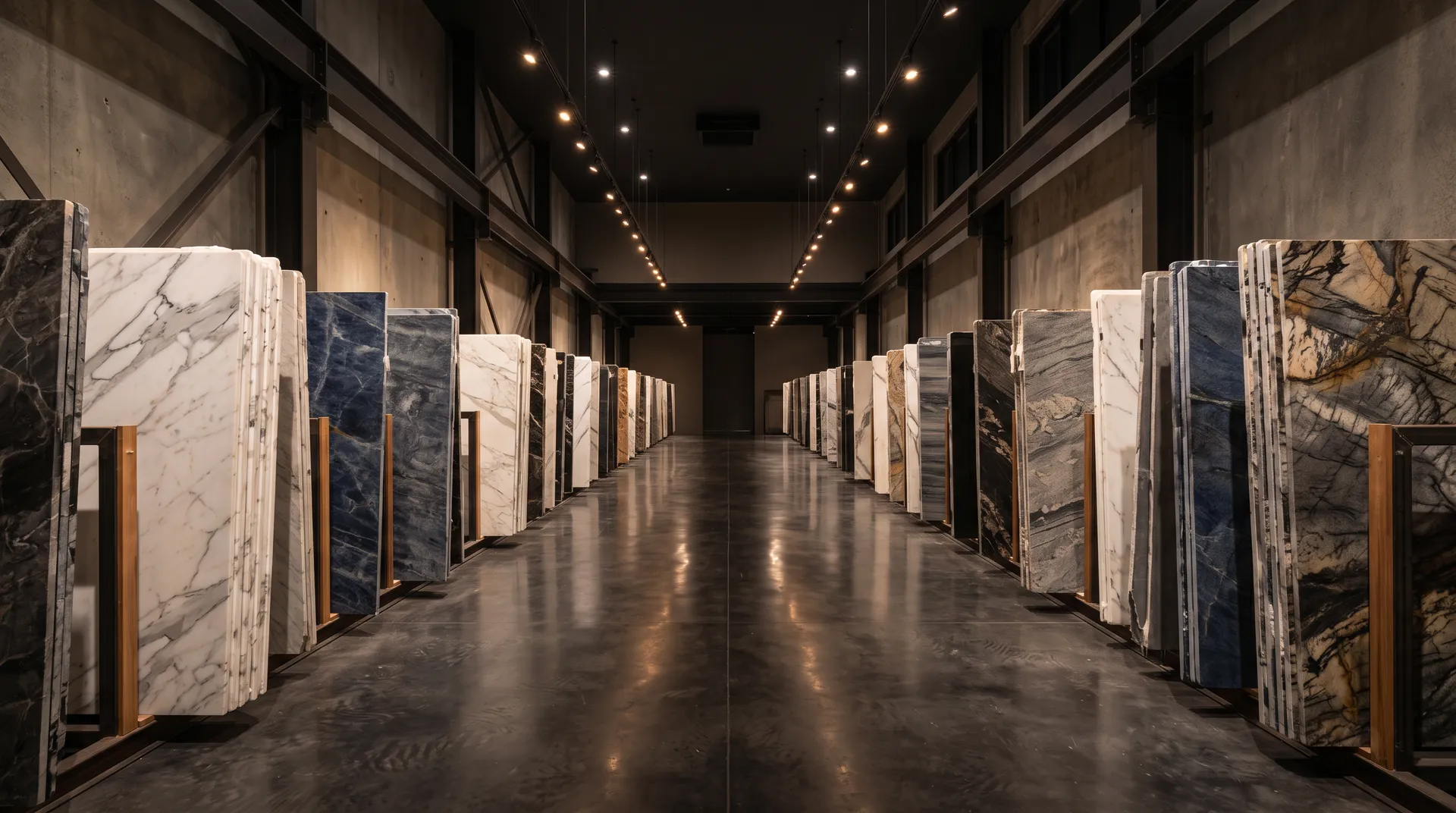 Premium natural stone slabs in an elegant showroom gallery