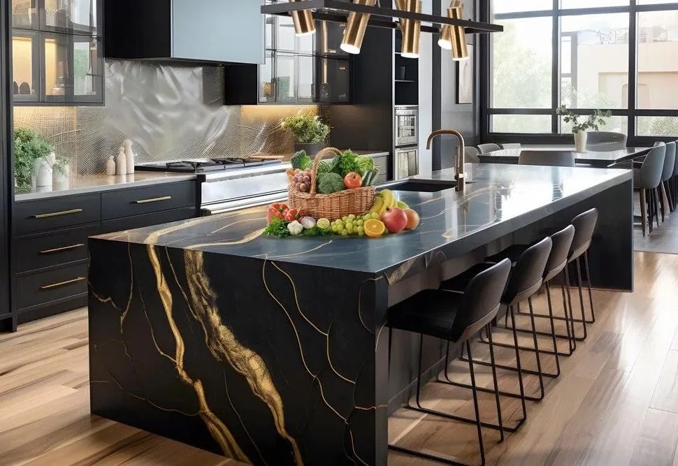 Dark stone kitchen island with gold veining in a commercial space