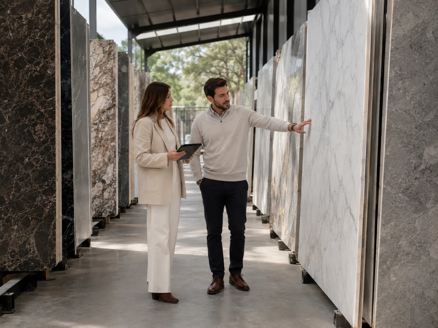 A Dover Stone specialist showing a client the veining on a marble slab in the yard