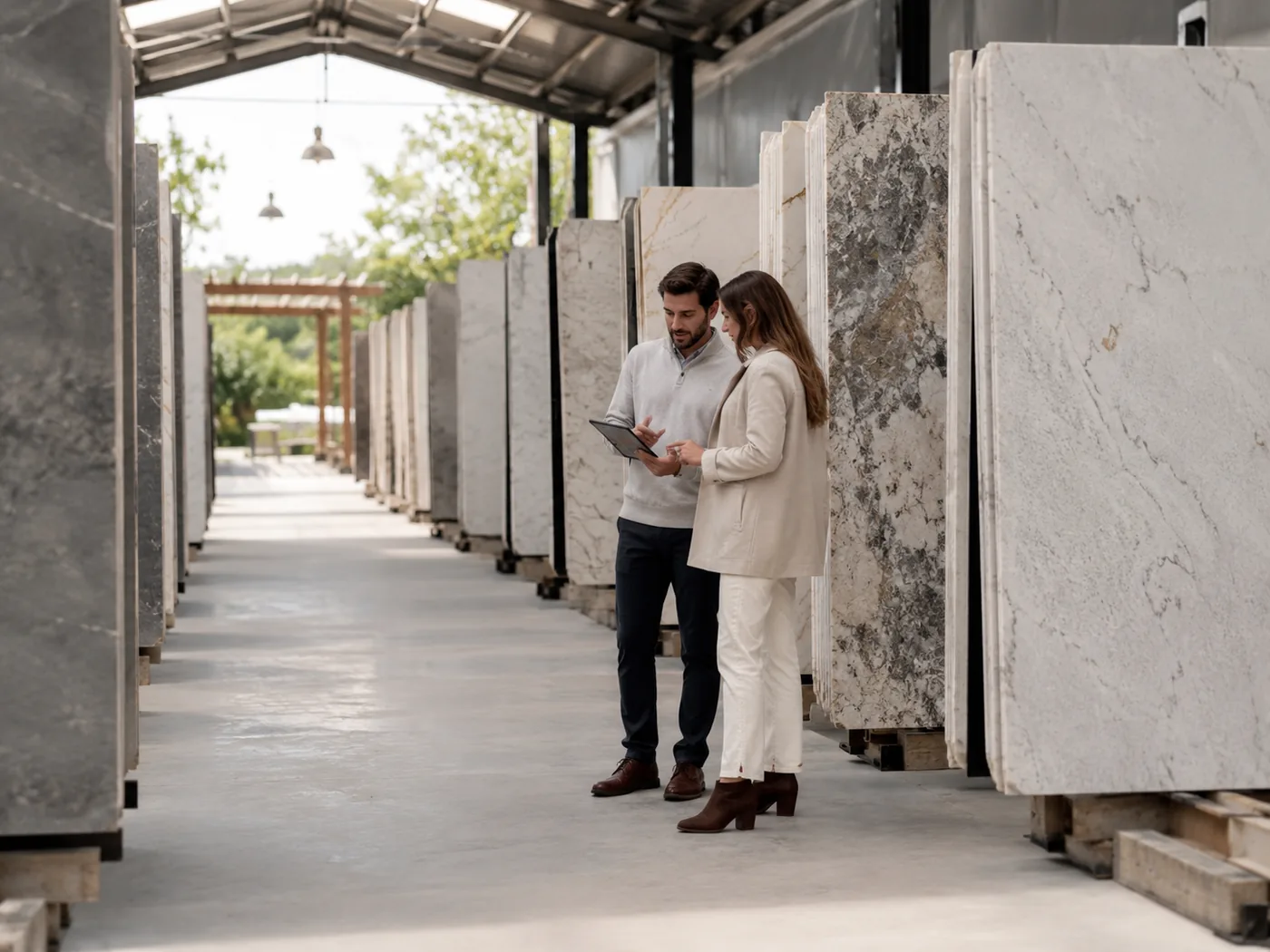 A couple reviewing full natural stone slabs along an aisle in the Dover Stone slab yard