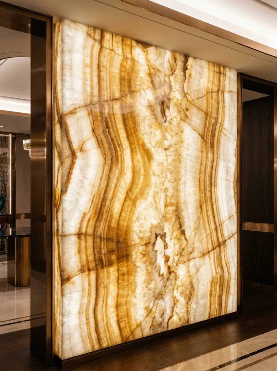 Translucent onyx slab with dramatic banding