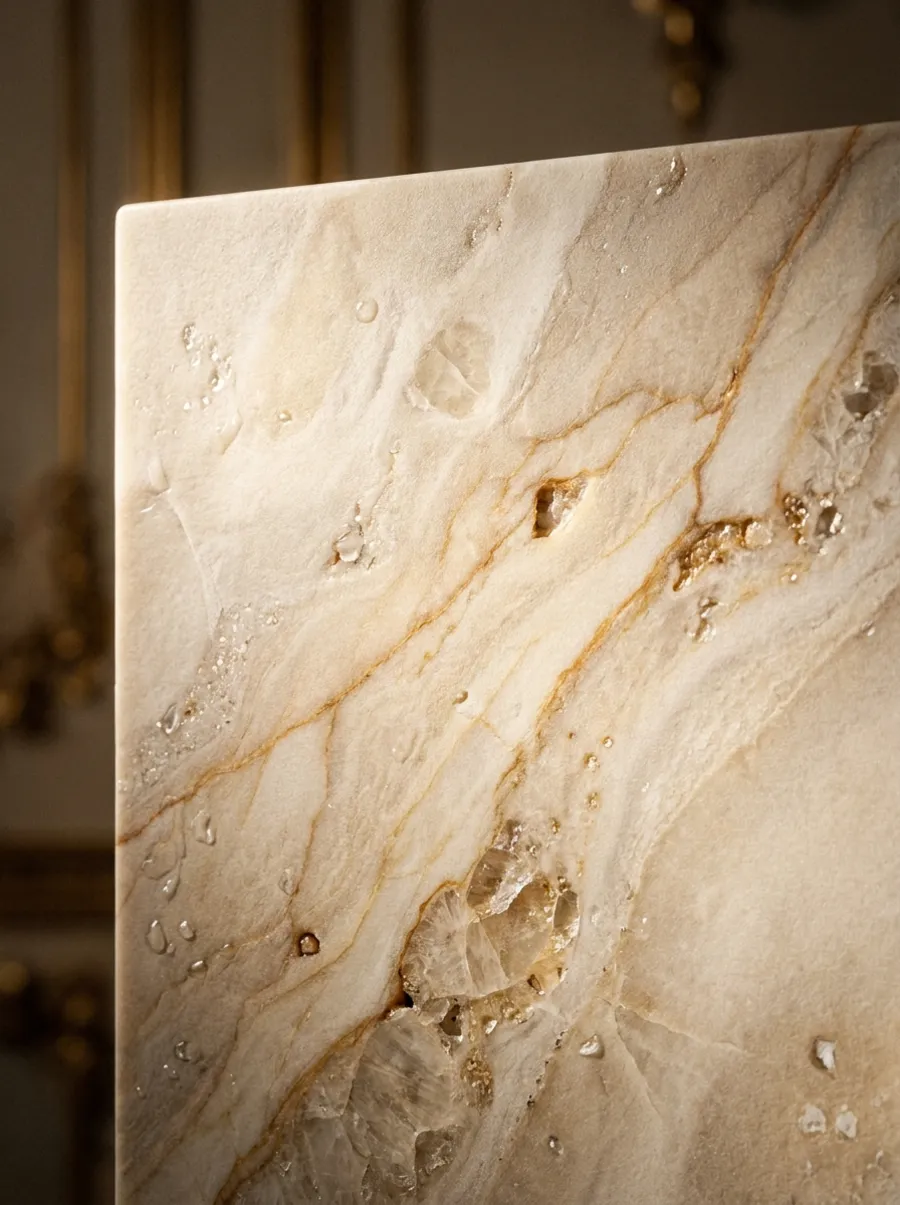 Natural quartzite slab with flowing veins
