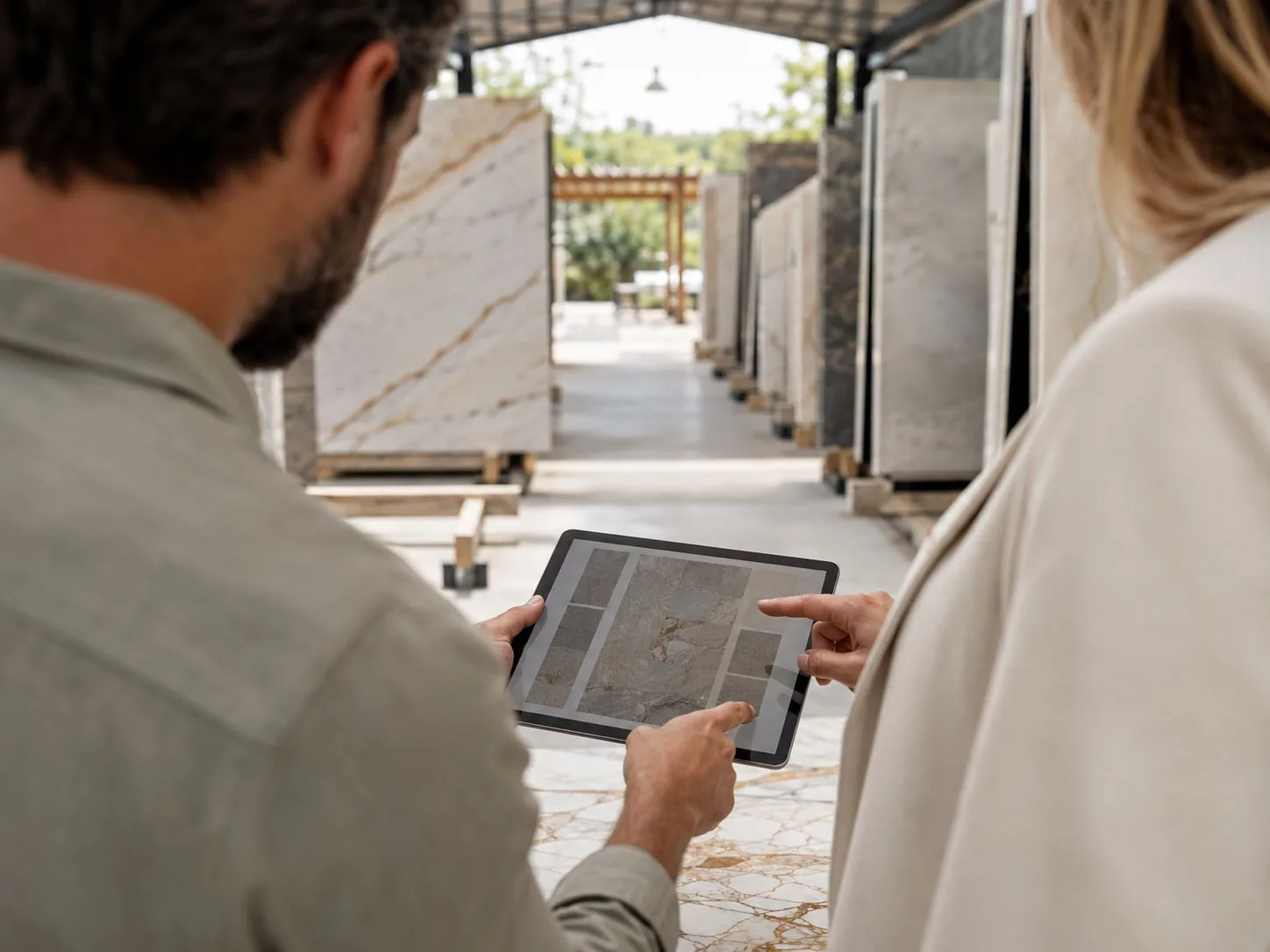 A designer and fabricator reviewing stone slabs in the Dover Stone yard